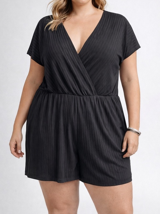 Pants - Womens Plus Size Black Short Sleeve Surplice Romper Ribbed Casual Chic